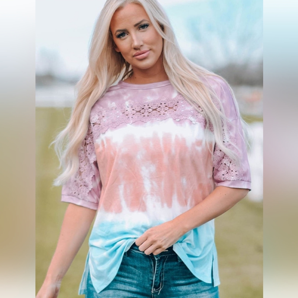 NWT'S- OVER THE MOON - Pink/Blue Lace Trim Tye-Dye Short Sleeve Tee